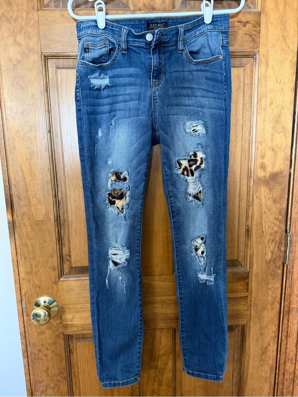 Judy Blue Dark Blue Skinny Jeans with Leopard Patch Distressing
